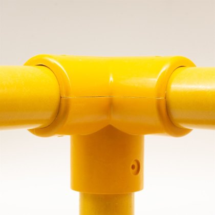 90 Degree 3 Way Top Corner to suit 50mm GRP Handrail - Yellow 90 Degree 3 Way Top Corner to suit 50mm GRP Handrail - Yellow