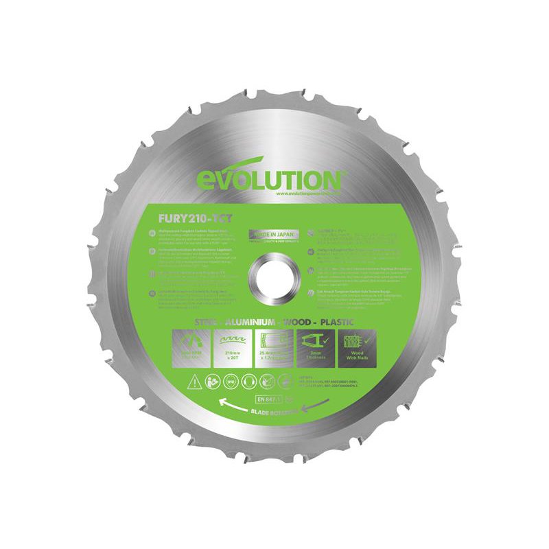 Evolution Fury Multi Purpose Tct Circular Saw Blade 210 X 25 4mm X 20t Bm Steel