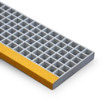 38mm GRP Stair Tread Grating 1220mm - Light Grey with Yellow Nose - RAL 7047 38mm GRP Stair Tread Grating 1220mm - Light Grey with Yellow Nose - RAL 7047